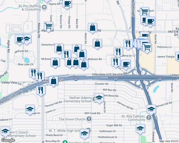 map of restaurants, bars, coffee shops, grocery stores, and more near 4545 Lyndon B Johnson Freeway in Farmers Branch