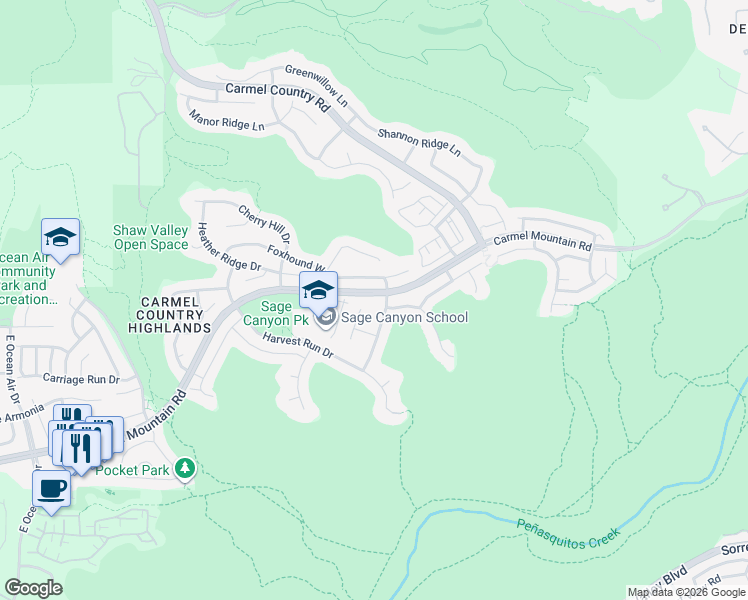 map of restaurants, bars, coffee shops, grocery stores, and more near 10692 Hunters Glen Drive in San Diego