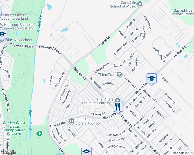map of restaurants, bars, coffee shops, grocery stores, and more near 7601 Scarlet Oak Drive in Rowlett