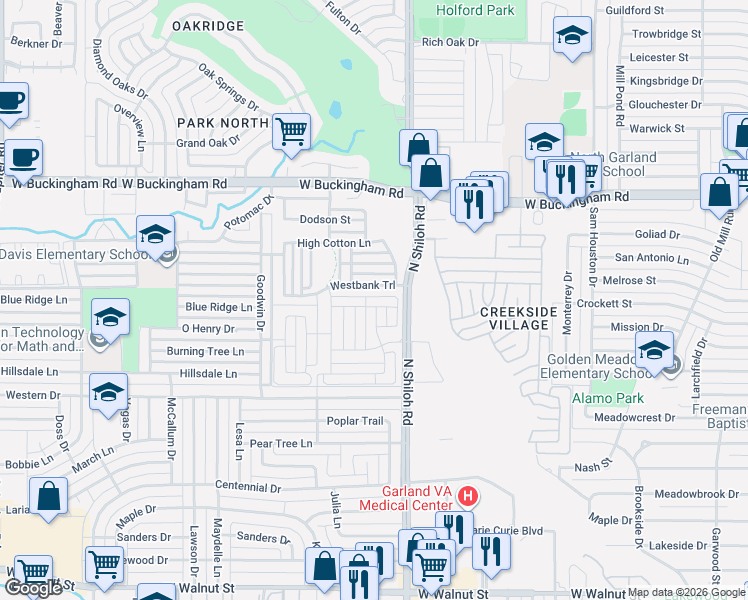 map of restaurants, bars, coffee shops, grocery stores, and more near 2506 Westbank Trail in Garland