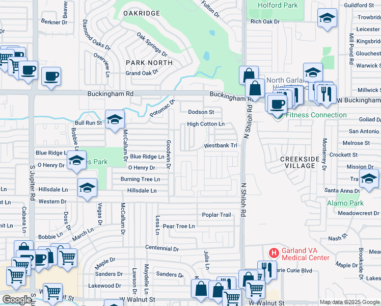 map of restaurants, bars, coffee shops, grocery stores, and more near 2642 Westbank Trail in Garland