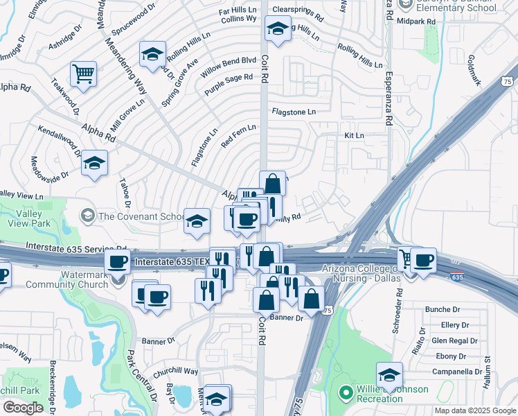 map of restaurants, bars, coffee shops, grocery stores, and more near 13033 Coit Road in Dallas