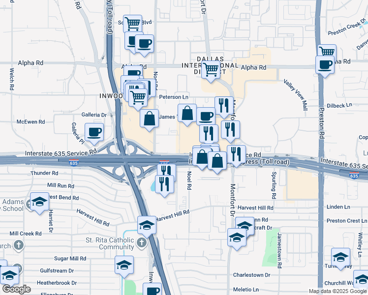 map of restaurants, bars, coffee shops, grocery stores, and more near 1329 Interstate 635 Service Road in Dallas