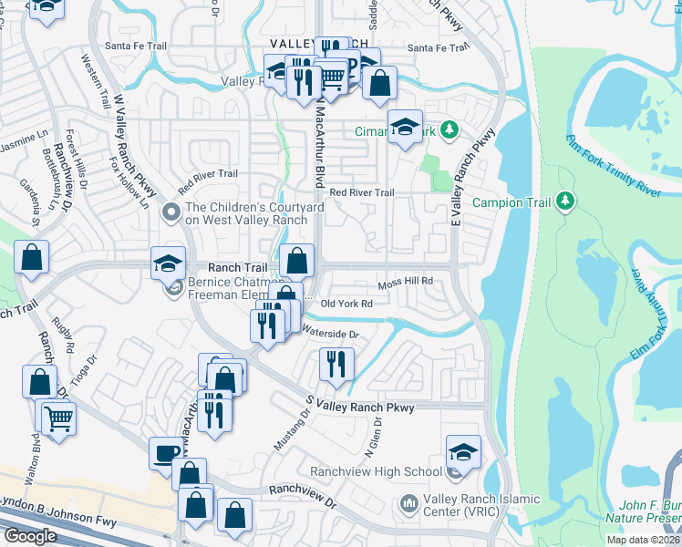 map of restaurants, bars, coffee shops, grocery stores, and more near 8712 Falls Road in Irving