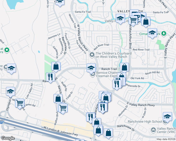 map of restaurants, bars, coffee shops, grocery stores, and more near 1006 Llano Trace in Irving
