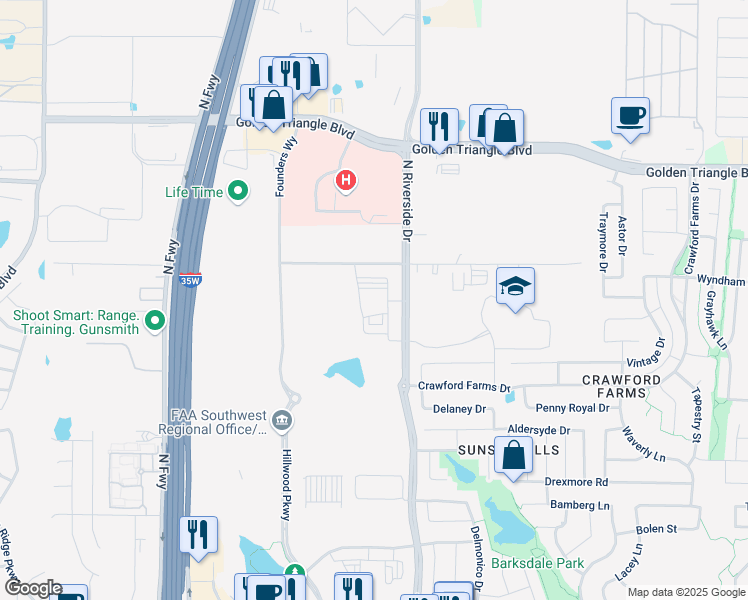 map of restaurants, bars, coffee shops, grocery stores, and more near 10401 North Riverside Drive in Fort Worth