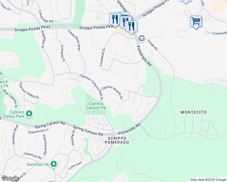 map of restaurants, bars, coffee shops, grocery stores, and more near 11416 Cypress Woods Drive in San Diego