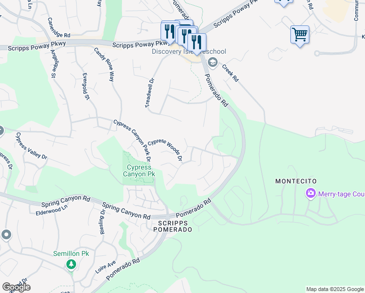 map of restaurants, bars, coffee shops, grocery stores, and more near 11430 Eastview Court in San Diego
