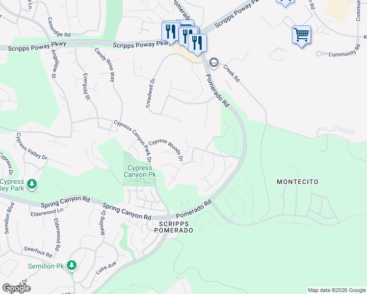 map of restaurants, bars, coffee shops, grocery stores, and more near 11430 Eastview Court in San Diego