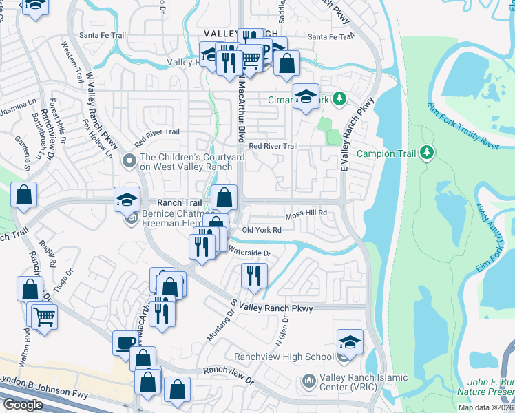 map of restaurants, bars, coffee shops, grocery stores, and more near 8712 Falls Road in Irving
