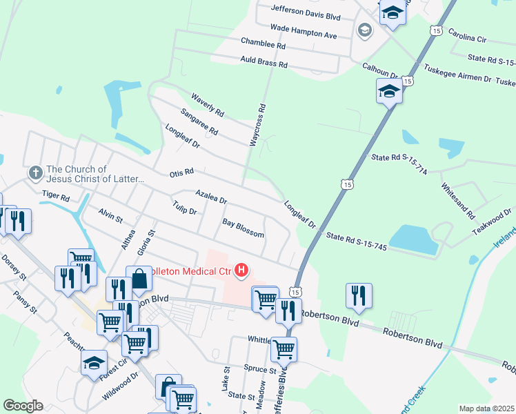map of restaurants, bars, coffee shops, grocery stores, and more near 214 Azalea Drive in Walterboro