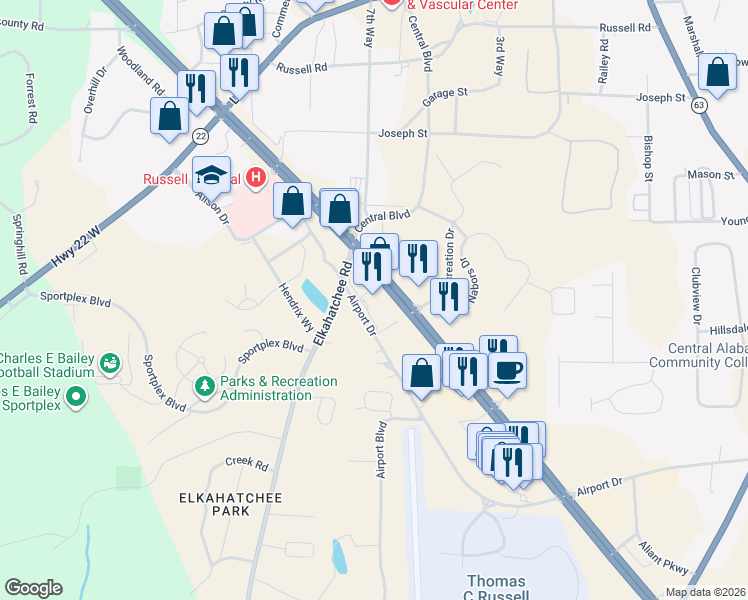 map of restaurants, bars, coffee shops, grocery stores, and more near 3714 U.S. 280 in Alexander City
