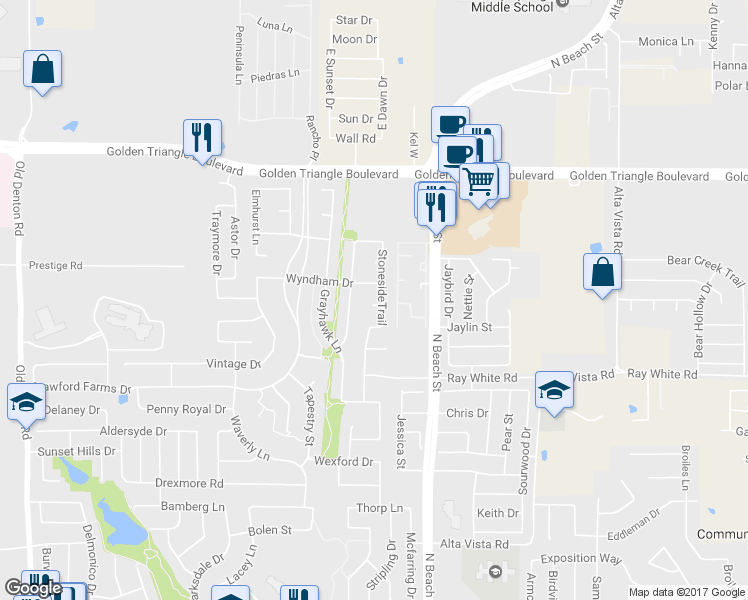 map of restaurants, bars, coffee shops, grocery stores, and more near 4309 Stoneside Court in Fort Worth