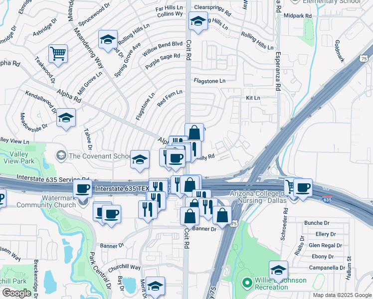 map of restaurants, bars, coffee shops, grocery stores, and more near Coit Road & Alpha Road in Dallas
