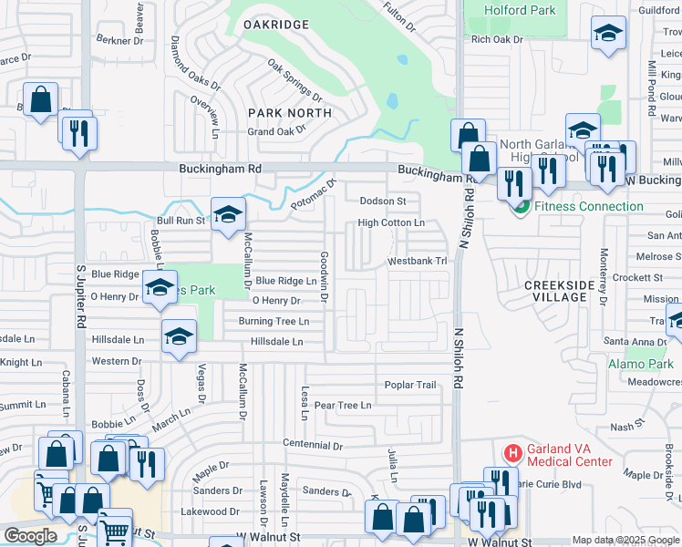 map of restaurants, bars, coffee shops, grocery stores, and more near 2742 Westbank Trail in Garland