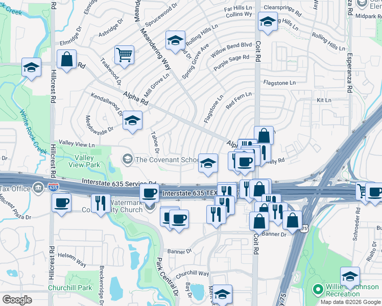 map of restaurants, bars, coffee shops, grocery stores, and more near 13106 Flagstone Lane in Dallas