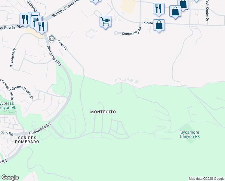 map of restaurants, bars, coffee shops, grocery stores, and more near 11019 Beeler Canyon Road in Poway