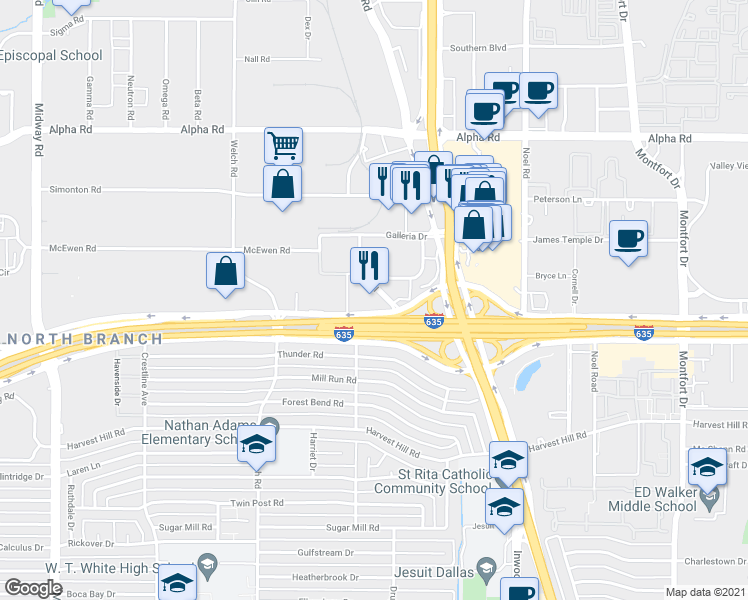 map of restaurants, bars, coffee shops, grocery stores, and more near 4801 Lyndon B Johnson Freeway in Farmers Branch