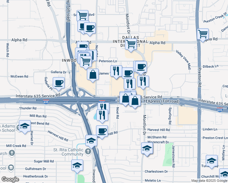 map of restaurants, bars, coffee shops, grocery stores, and more near 5429 Lyndon B Johnson Freeway in Dallas