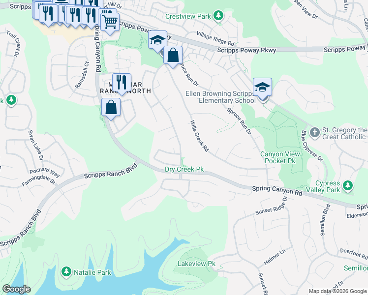 map of restaurants, bars, coffee shops, grocery stores, and more near 11445 Scripps Creek Drive in San Diego