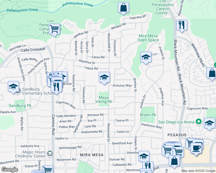 map of restaurants, bars, coffee shops, grocery stores, and more near 11240 Westonhill Dr in San Diego