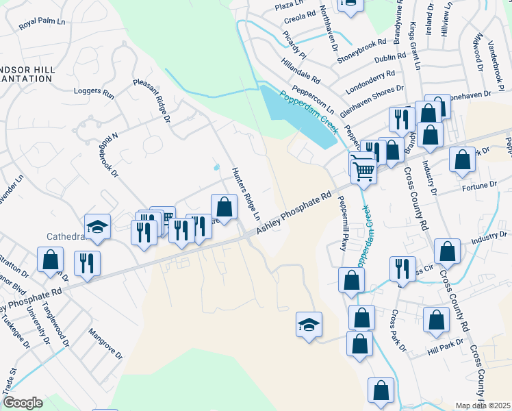 map of restaurants, bars, coffee shops, grocery stores, and more near 7541 Hunters Ridge Lane in North Charleston