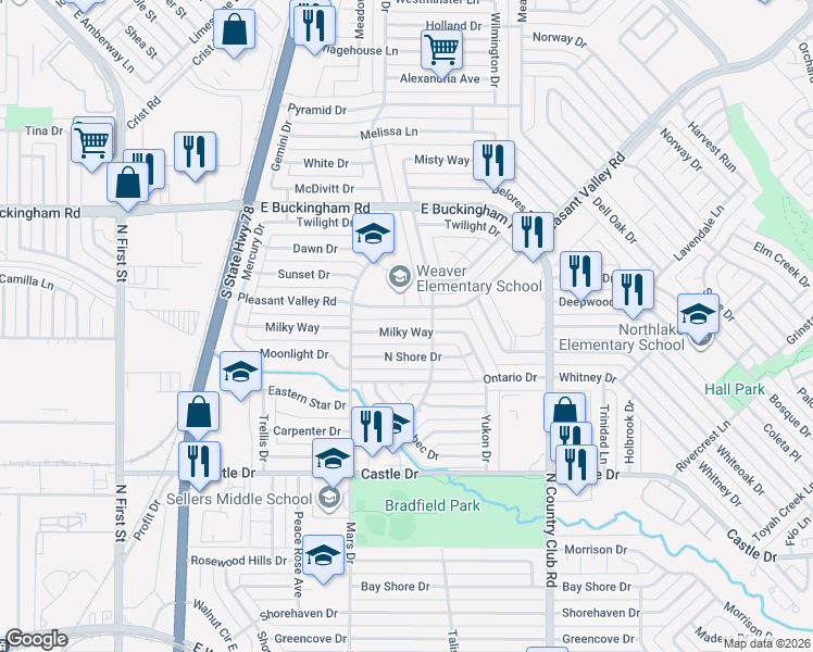 map of restaurants, bars, coffee shops, grocery stores, and more near 910 Milky Way in Garland
