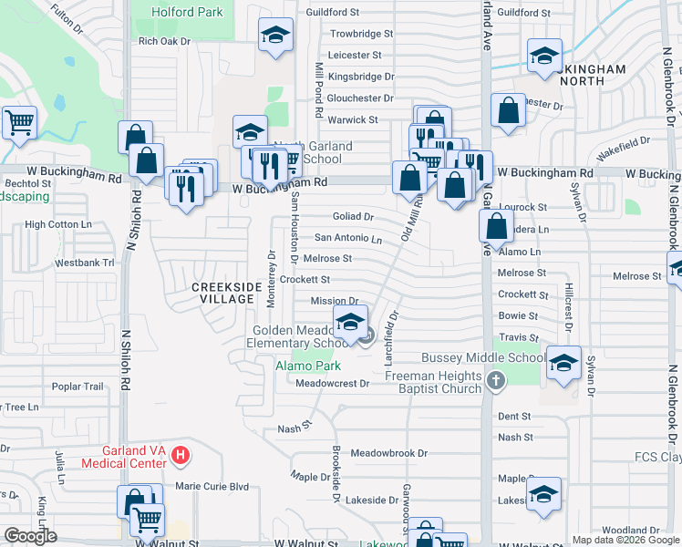 map of restaurants, bars, coffee shops, grocery stores, and more near 1822 Crockett Street in Garland