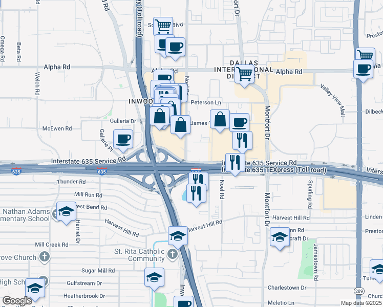 map of restaurants, bars, coffee shops, grocery stores, and more near in Dallas