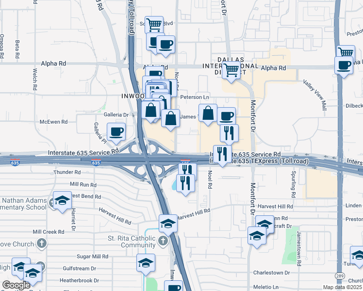 map of restaurants, bars, coffee shops, grocery stores, and more near in Dallas