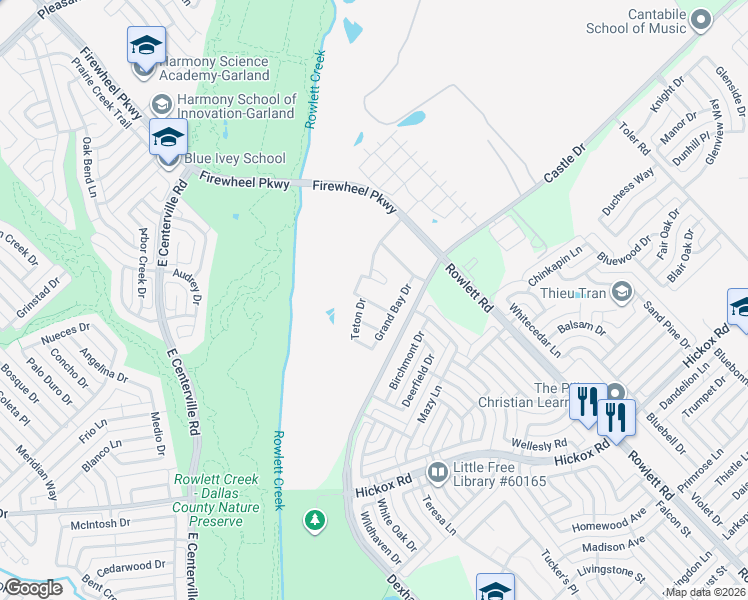 map of restaurants, bars, coffee shops, grocery stores, and more near 1528 Alberbrook Place in Garland