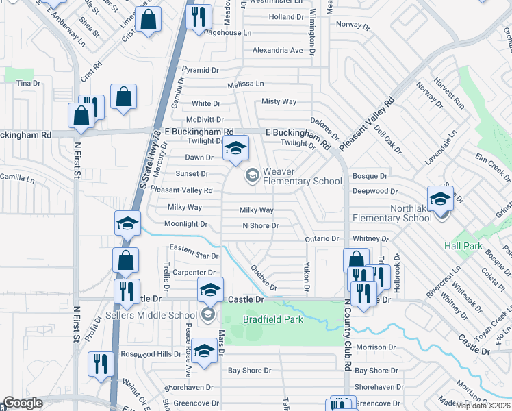 map of restaurants, bars, coffee shops, grocery stores, and more near 910 Milky Way in Garland