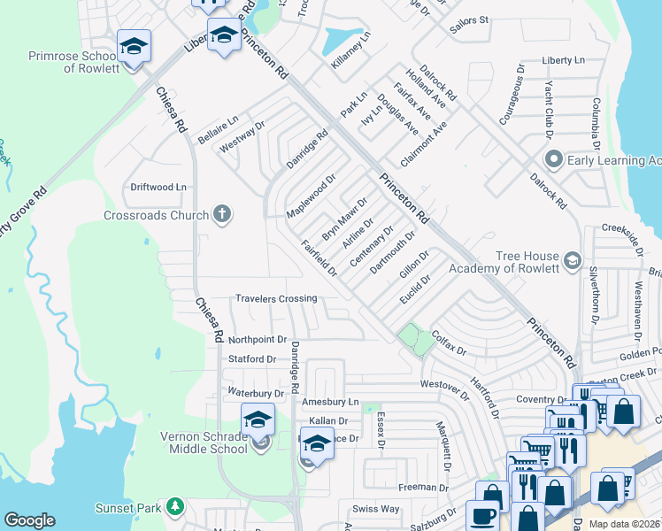 map of restaurants, bars, coffee shops, grocery stores, and more near 7202 Airline Drive in Rowlett