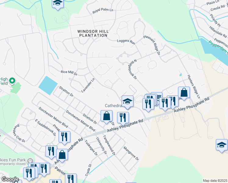 map of restaurants, bars, coffee shops, grocery stores, and more near 8247-8605 Windsor Hill Boulevard in North Charleston