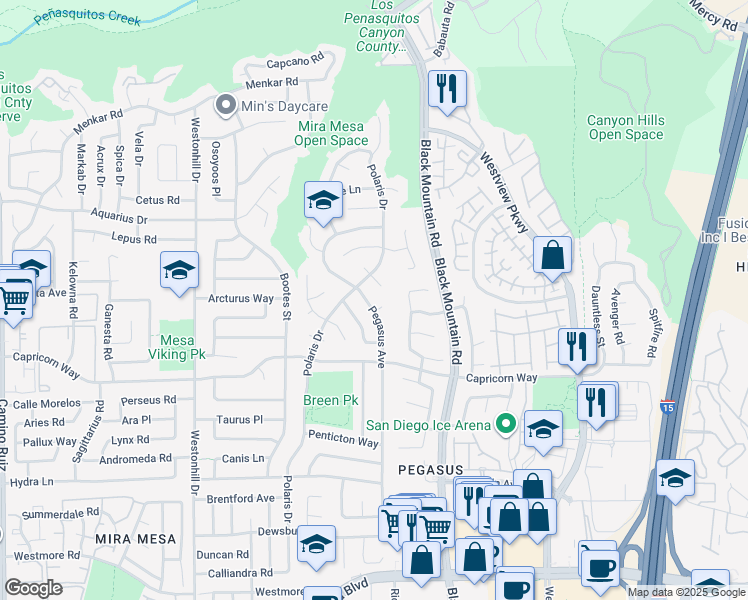 map of restaurants, bars, coffee shops, grocery stores, and more near 9125 Kensett Place in San Diego