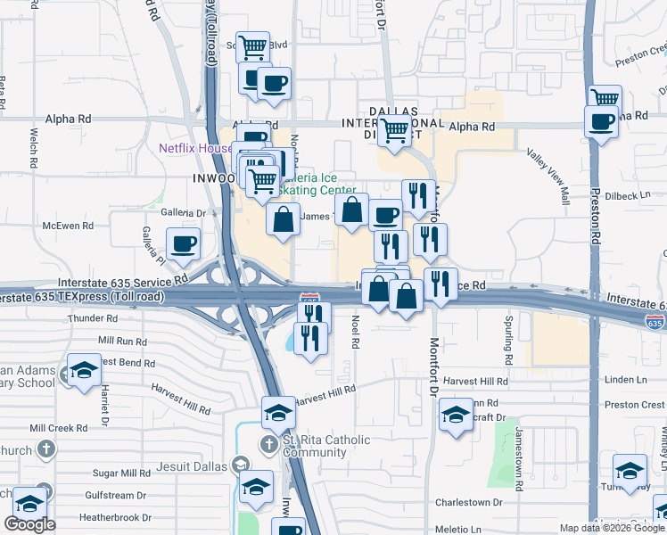 map of restaurants, bars, coffee shops, grocery stores, and more near 1329 Interstate 635 Service Road in Dallas