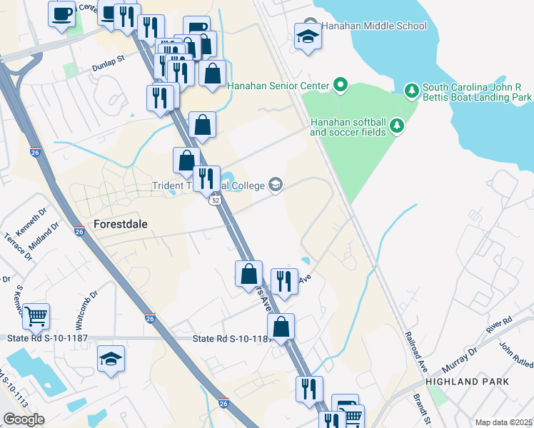 map of restaurants, bars, coffee shops, grocery stores, and more near 7000 Rivers Avenue in North Charleston
