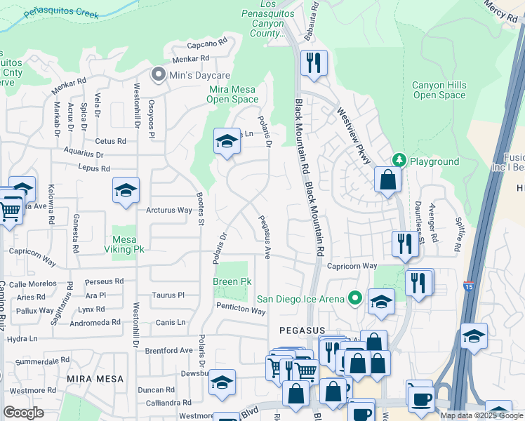 map of restaurants, bars, coffee shops, grocery stores, and more near 9125 Kensett Place in San Diego