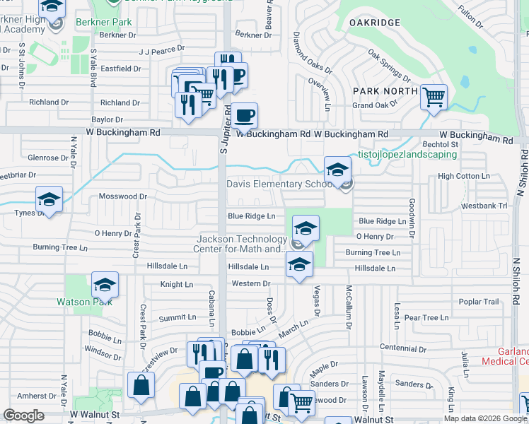 map of restaurants, bars, coffee shops, grocery stores, and more near 3330 Blueridge Lane in Garland
