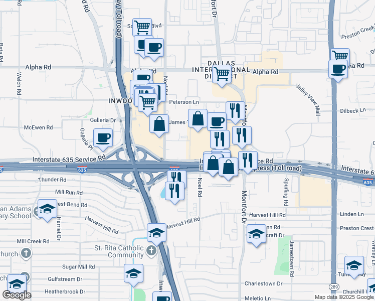 map of restaurants, bars, coffee shops, grocery stores, and more near 1329 Interstate 635 Service Road in Dallas