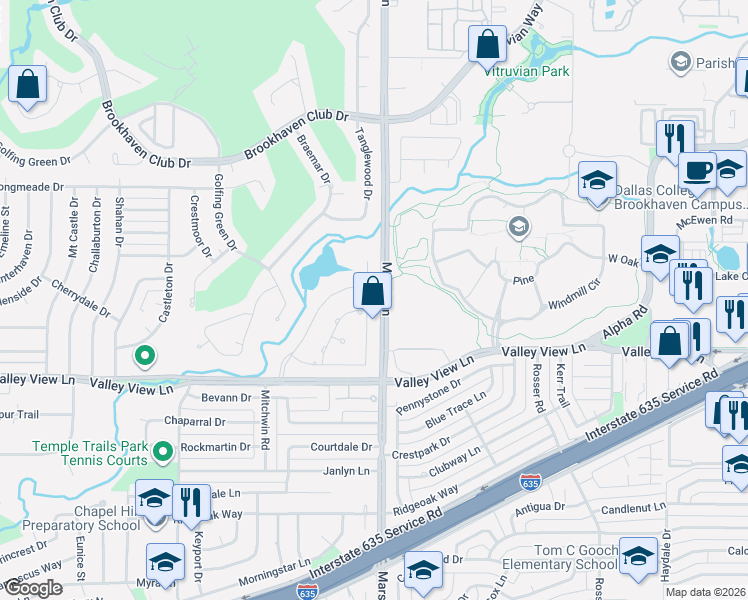 map of restaurants, bars, coffee shops, grocery stores, and more near 13214 Cedar Lane in Farmers Branch