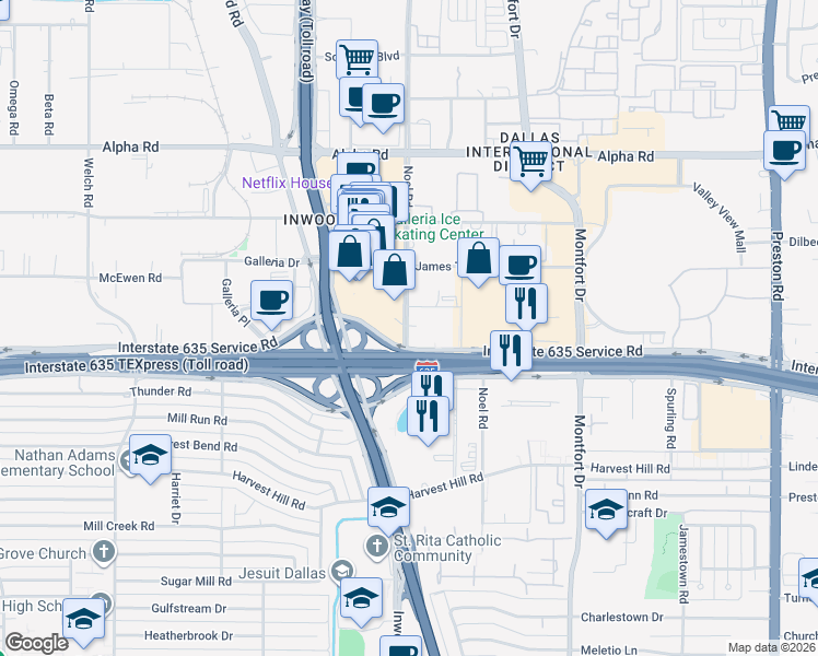 map of restaurants, bars, coffee shops, grocery stores, and more near 13100 Noel Road in Dallas