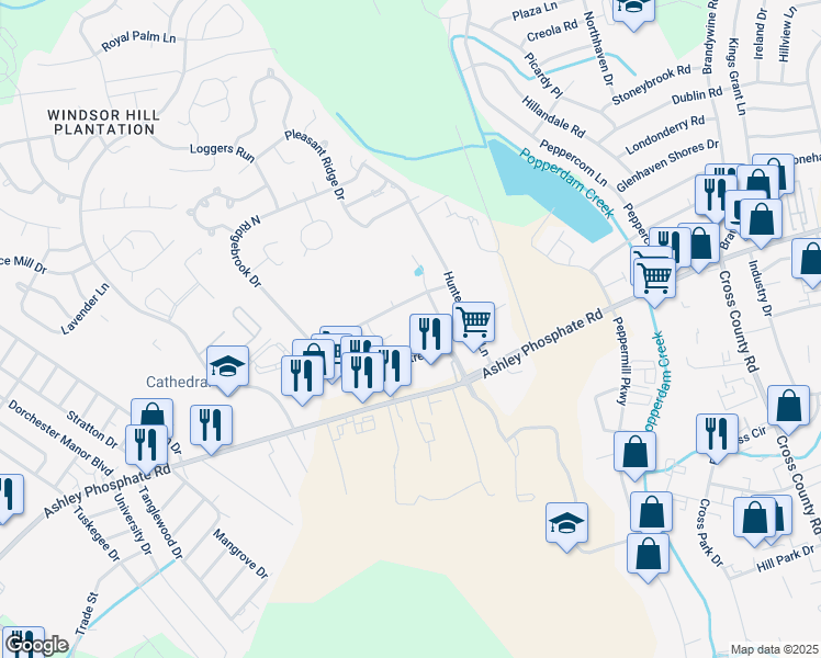 map of restaurants, bars, coffee shops, grocery stores, and more near 107 Peppertree Lane in Charleston