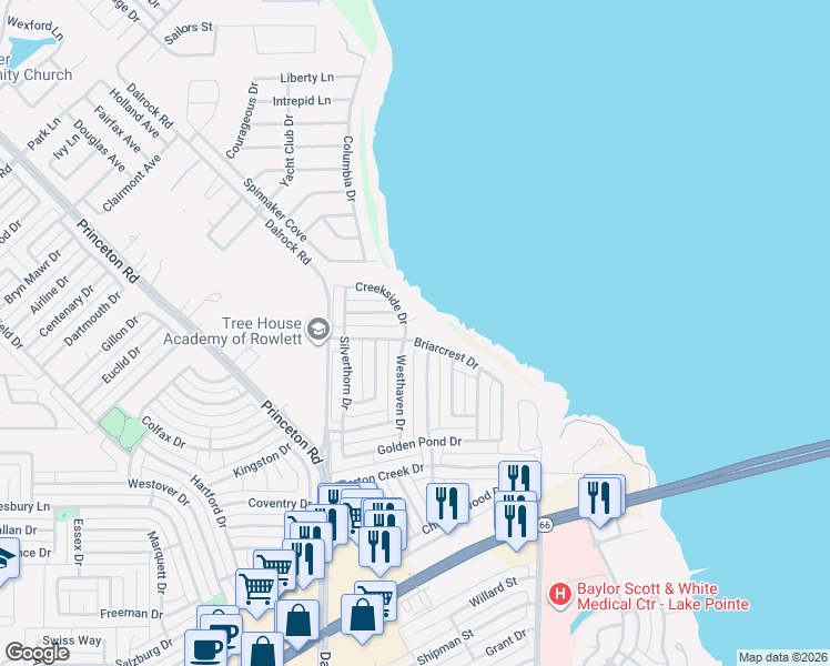 map of restaurants, bars, coffee shops, grocery stores, and more near 8901 Briarcrest Drive in Rowlett