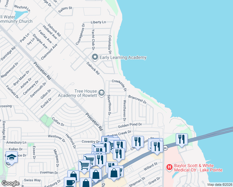 map of restaurants, bars, coffee shops, grocery stores, and more near 8713 Briarcrest Drive in Rowlett