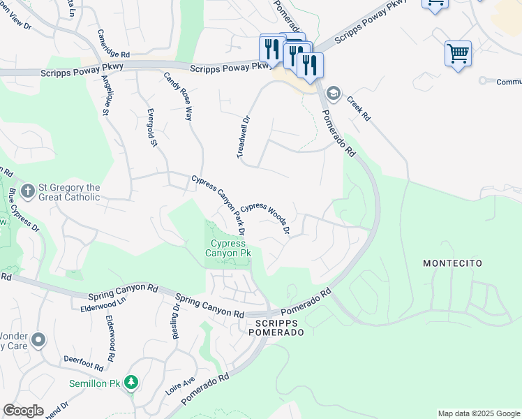 map of restaurants, bars, coffee shops, grocery stores, and more near 11450 Cypress Woods Drive in San Diego