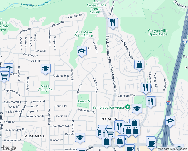 map of restaurants, bars, coffee shops, grocery stores, and more near 11279 Pegasus Avenue in San Diego