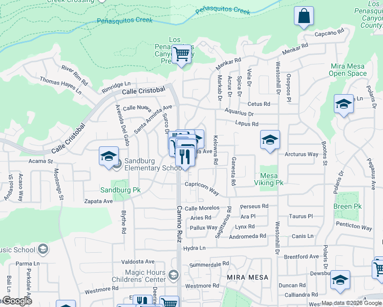 map of restaurants, bars, coffee shops, grocery stores, and more near 11333 Zapata Avenue in San Diego