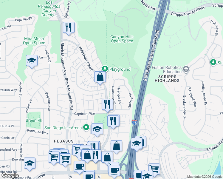 map of restaurants, bars, coffee shops, grocery stores, and more near 9937 Dauntless Street in San Diego