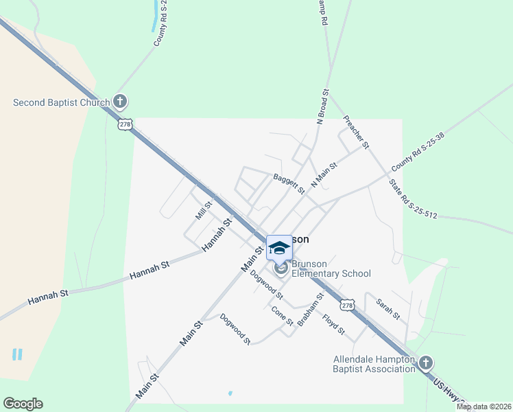 map of restaurants, bars, coffee shops, grocery stores, and more near 75 North Broad Street in Brunson